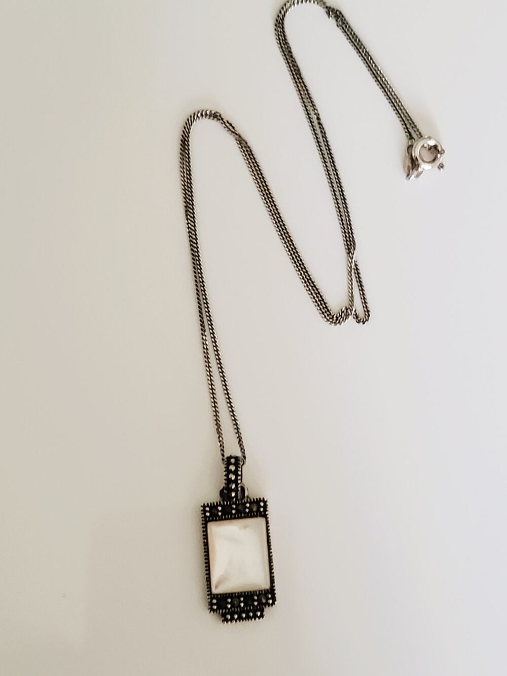 Vintage Mother of Pearl Marcasite Rectangle Necklace